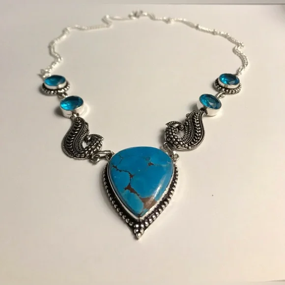 Turquoise Blue Topaz 925 Sterling Silver Necklace - Picture 2 of 2